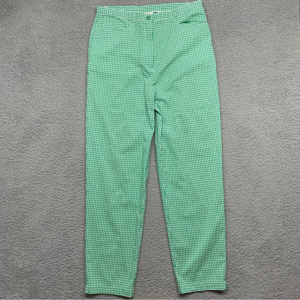Talbots Cropped Pants Womens 12 Green White Checkered Cotton Blend Lightweight